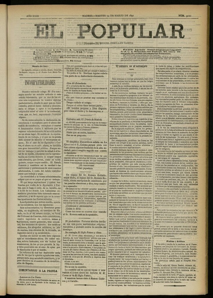 Miniatura de El Popular: diario independiente, político, literario y de noticias de interés general del 24 de marzo de 1891, nº 9120