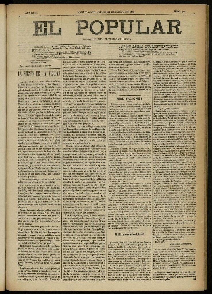 Miniatura de El Popular: diario independiente, político, literario y de noticias de interés general del 25 de marzo de 1891, nº 9121