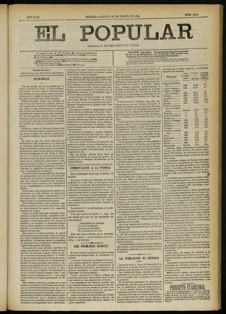 Miniatura de El Popular: diario independiente, político, literario y de noticias de interés general del 28 de marzo de 1891, nº 9122