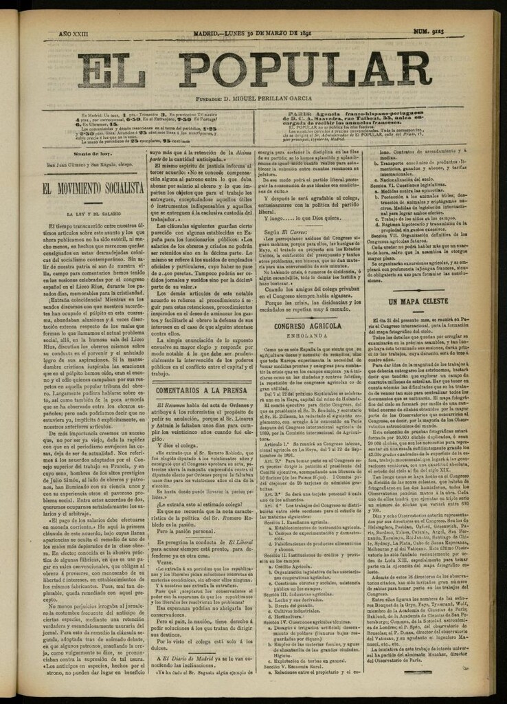 Miniatura de El Popular: diario independiente, político, literario y de noticias de interés general del 30 de marzo de 1891, nº 9123