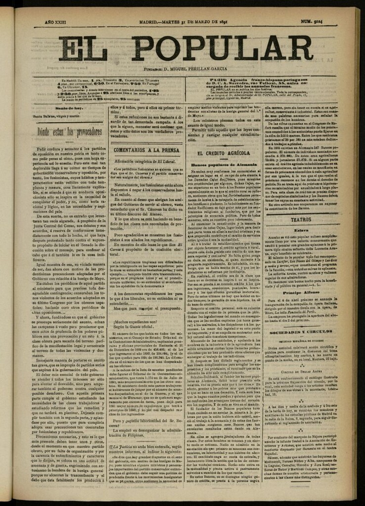 Miniatura de El Popular: diario independiente, político, literario y de noticias de interés general del 31 de marzo de 1891, nº 9124