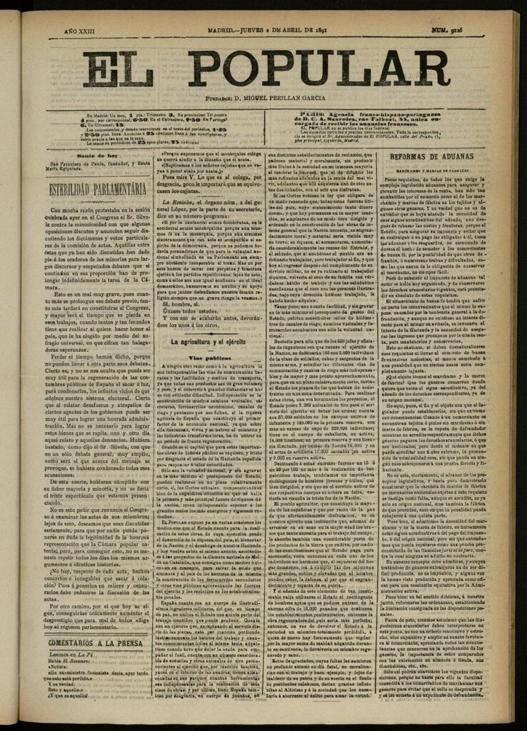 Miniatura de El Popular: diario independiente, político, literario y de noticias de interés general del 2 de abril de 1891, nº 9126