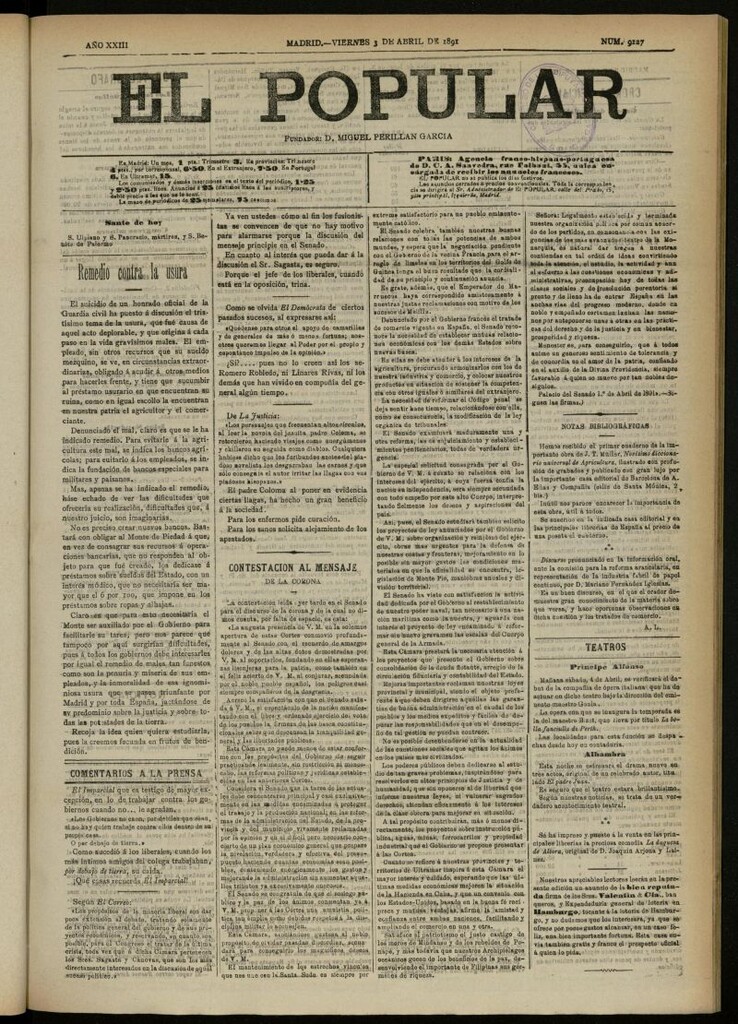 Miniatura de El Popular: diario independiente, político, literario y de noticias de interés general del 3 de abril de 1891, nº 9127