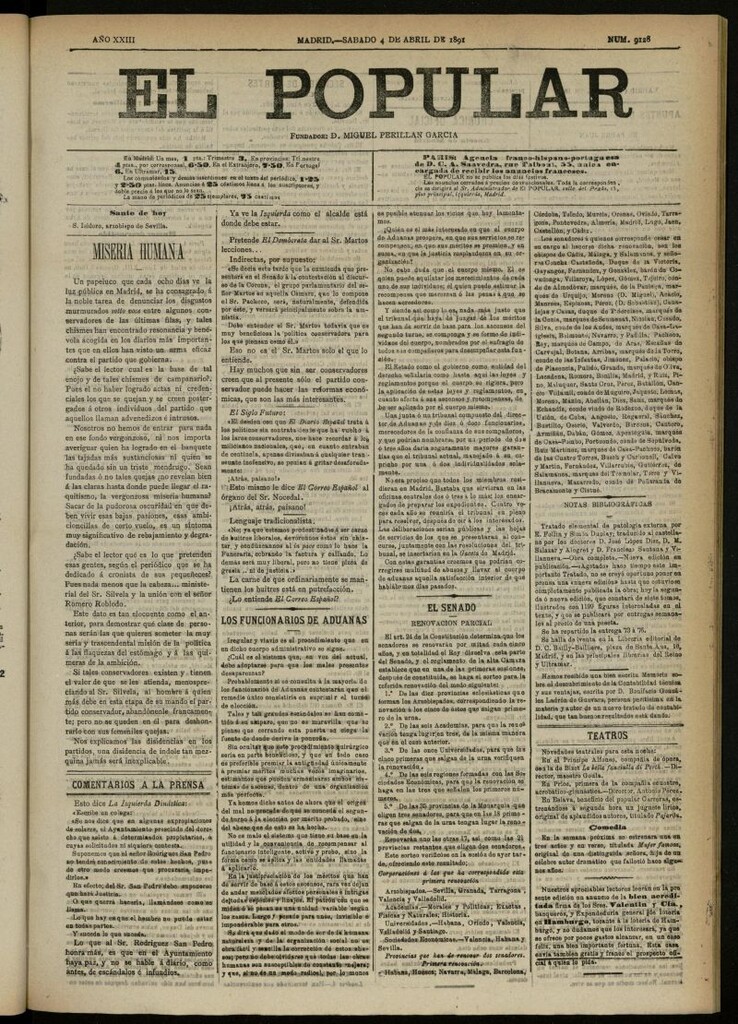 Miniatura de El Popular: diario independiente, político, literario y de noticias de interés general del 4 de abril de 1891, nº 9128