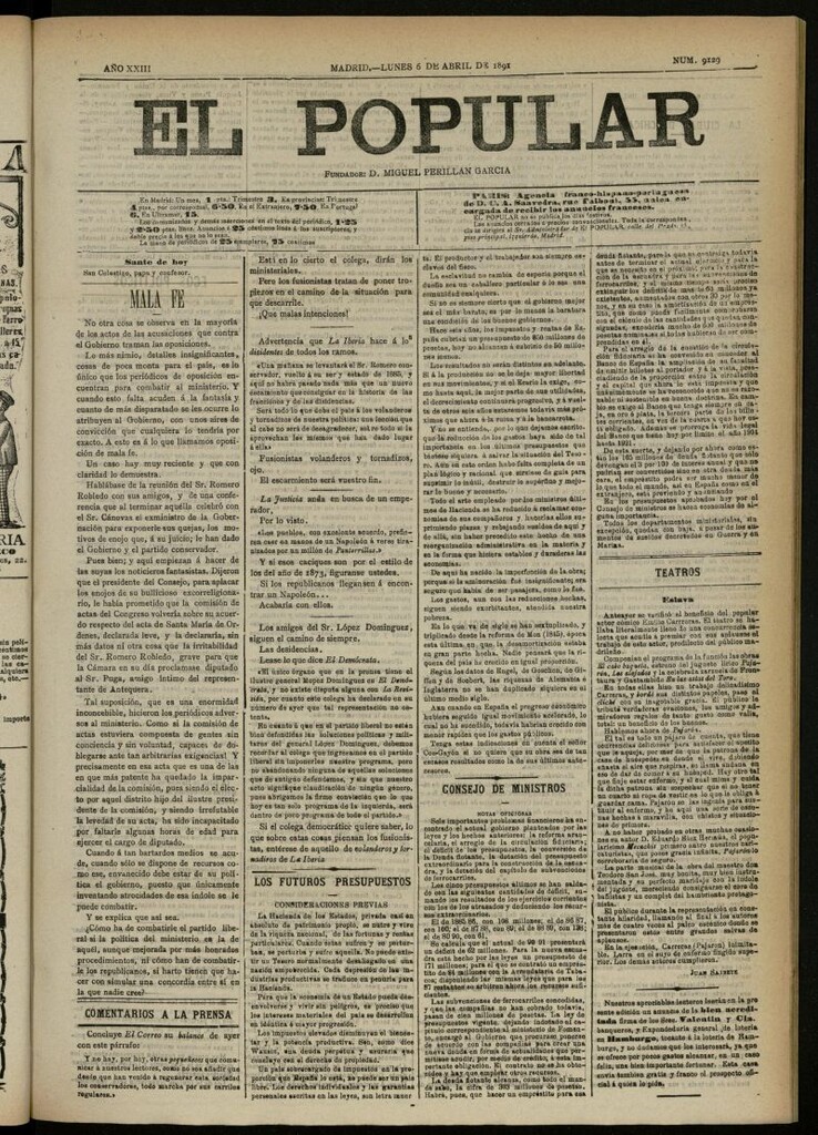 Miniatura de El Popular: diario independiente, político, literario y de noticias de interés general del 6 de abril de 1891, nº 9129