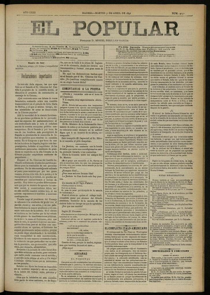 Miniatura de El Popular: diario independiente, político, literario y de noticias de interés general del 7 de abril de 1891, nº 9130