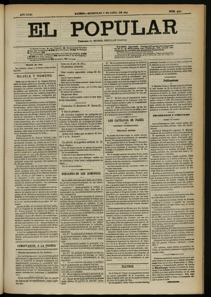 Miniatura de El Popular: diario independiente, político, literario y de noticias de interés general del 8 de abril de 1891, nº 9131