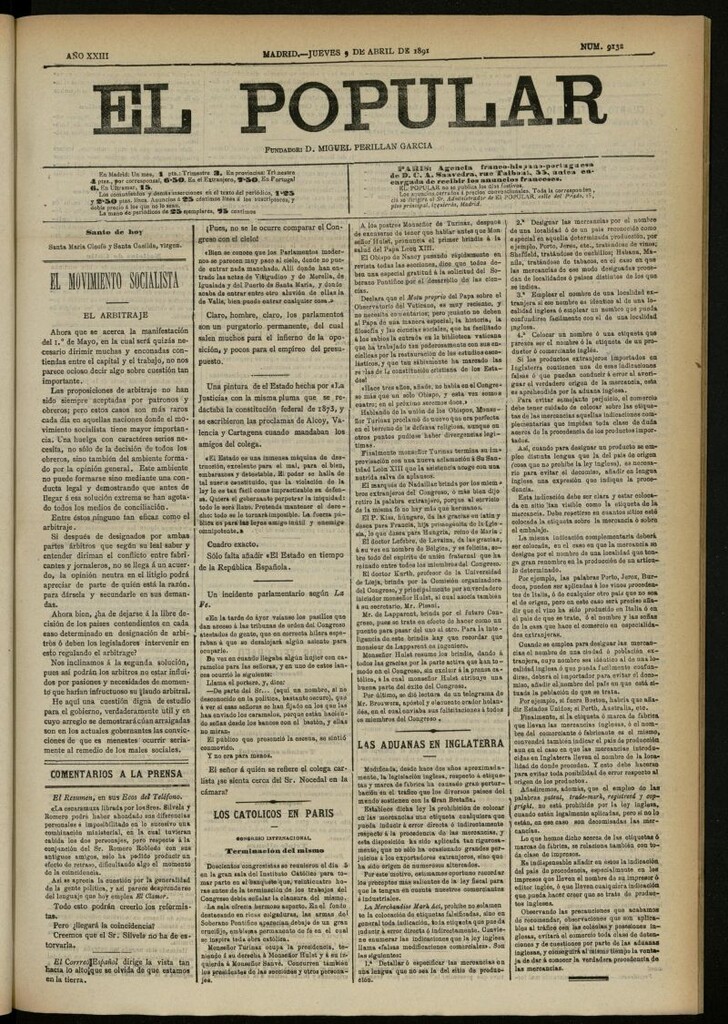 Miniatura de El Popular: diario independiente, político, literario y de noticias de interés general del 9 de abril de 1891, nº 9132