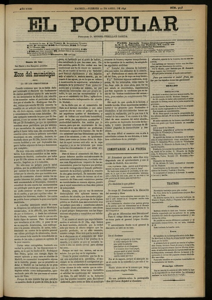 Miniatura de El Popular: diario independiente, político, literario y de noticias de interés general del 10 de abril de 1891, nº 9133