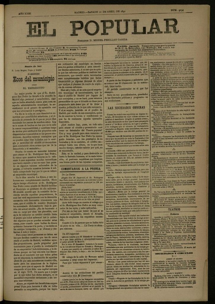 Miniatura de El Popular: diario independiente, político, literario y de noticias de interés general del 11 de abril de 1891, nº 9134