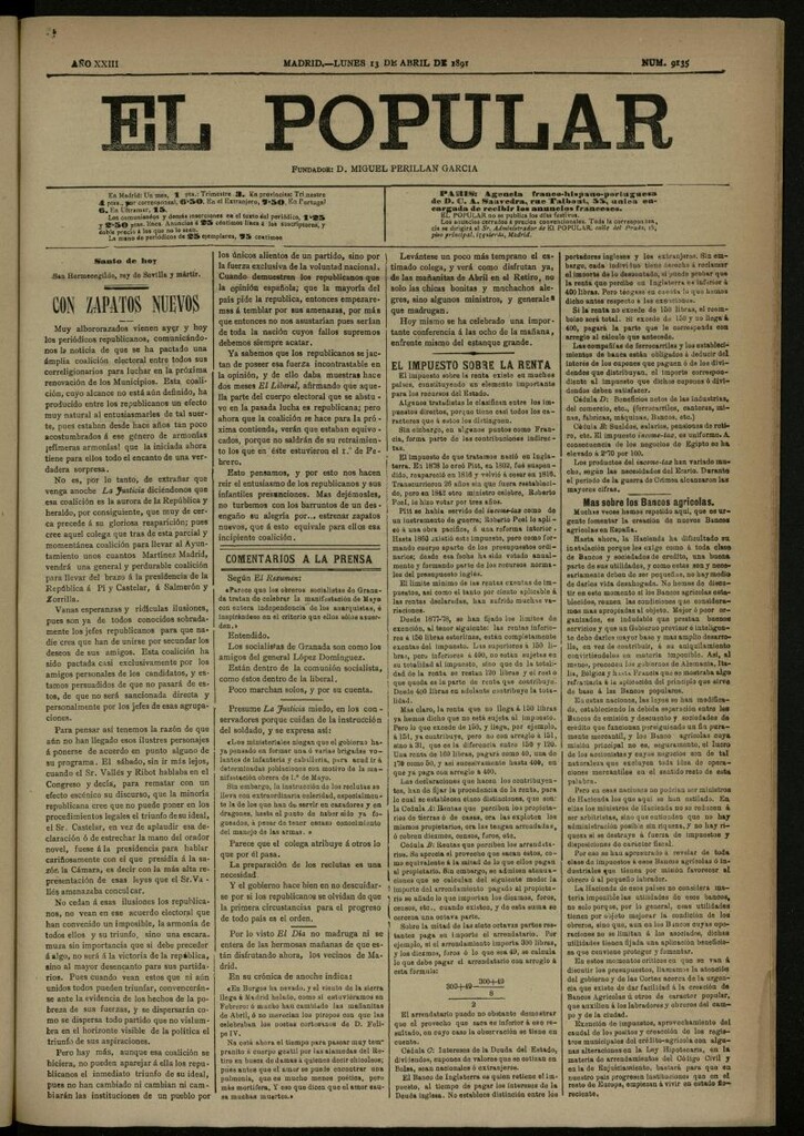Miniatura de El Popular: diario independiente, político, literario y de noticias de interés general del 13 de abril de 1891, nº 9135