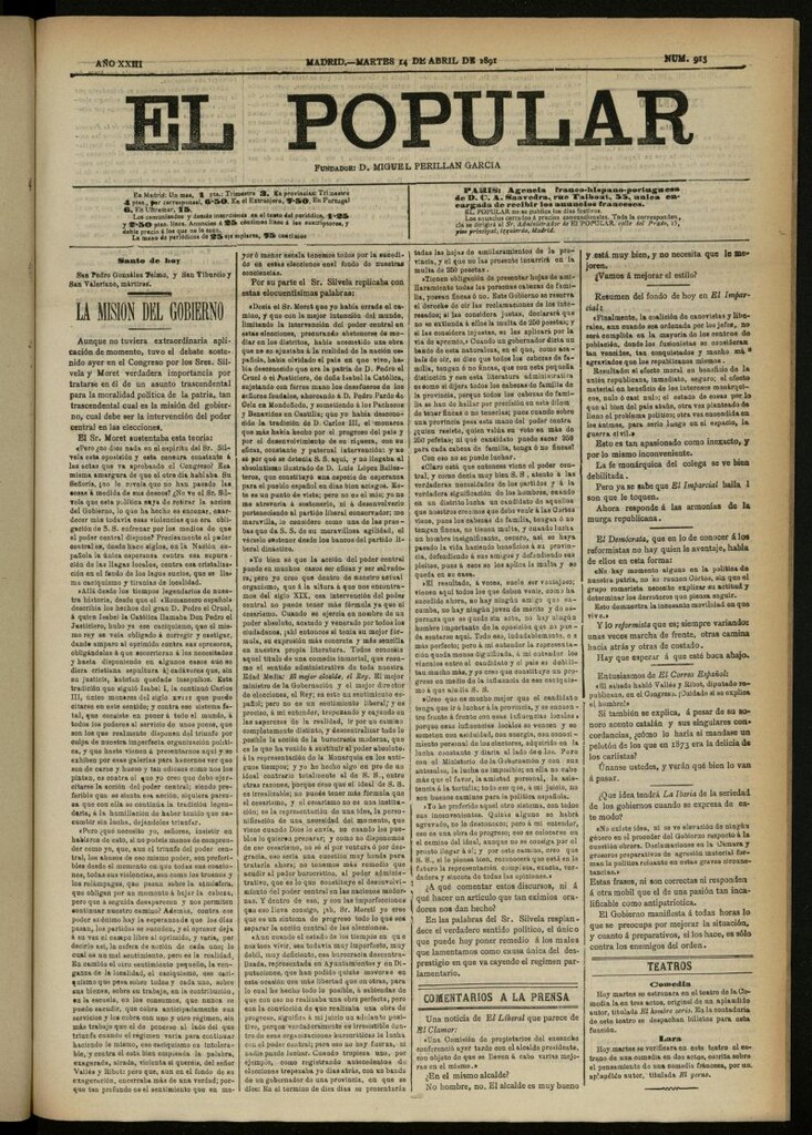 Miniatura de El Popular: diario independiente, político, literario y de noticias de interés general del 14 de abril de 1891, nº 913 [sic]