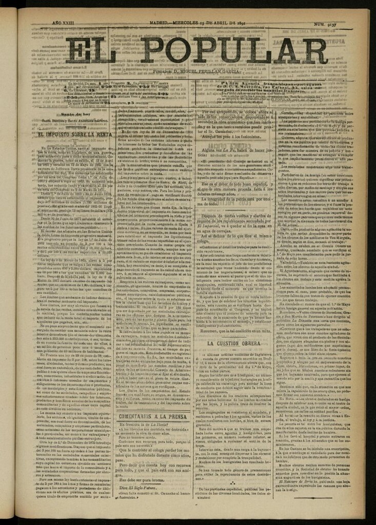 Miniatura de El Popular: diario independiente, político, literario y de noticias de interés general del 15 de abril de 1891, nº 9137