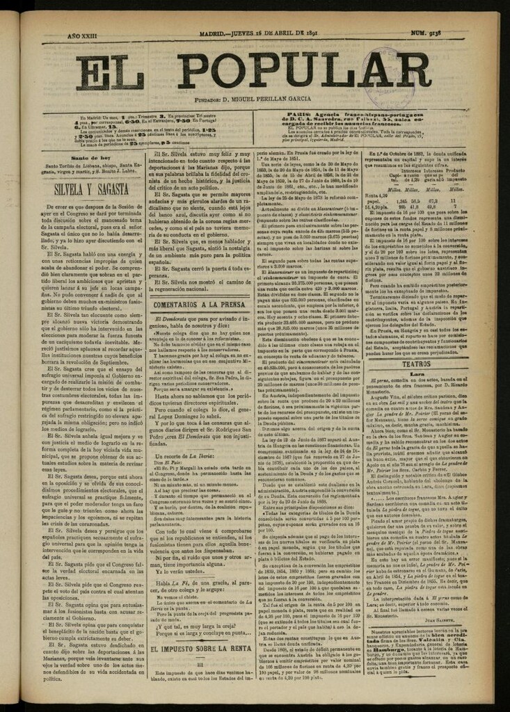 Miniatura de El Popular: diario independiente, político, literario y de noticias de interés general del 16 de abril de 1891, nº 9138