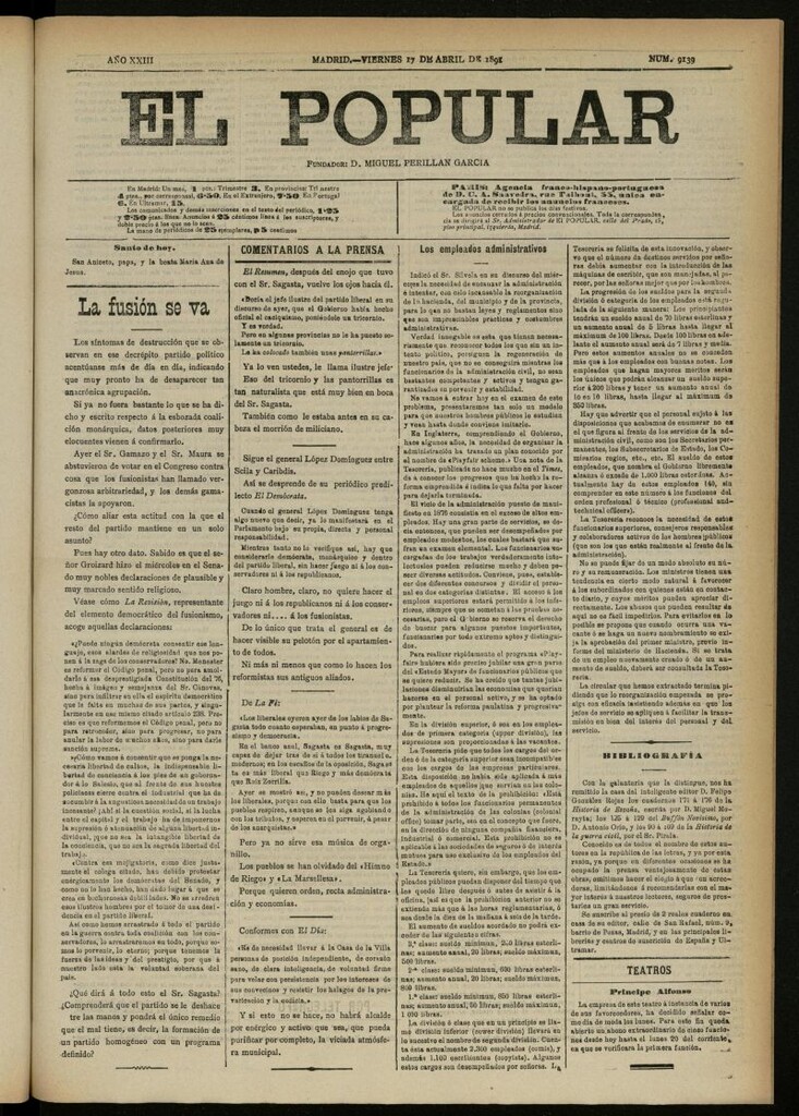 Miniatura de El Popular: diario independiente, político, literario y de noticias de interés general del 17 de abril de 1891, nº 9139