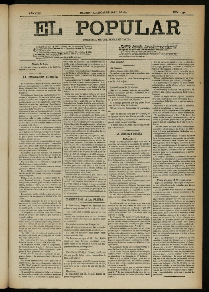 Miniatura de El Popular: diario independiente, político, literario y de noticias de interés general del 18 de abril de 1891, nº 9140