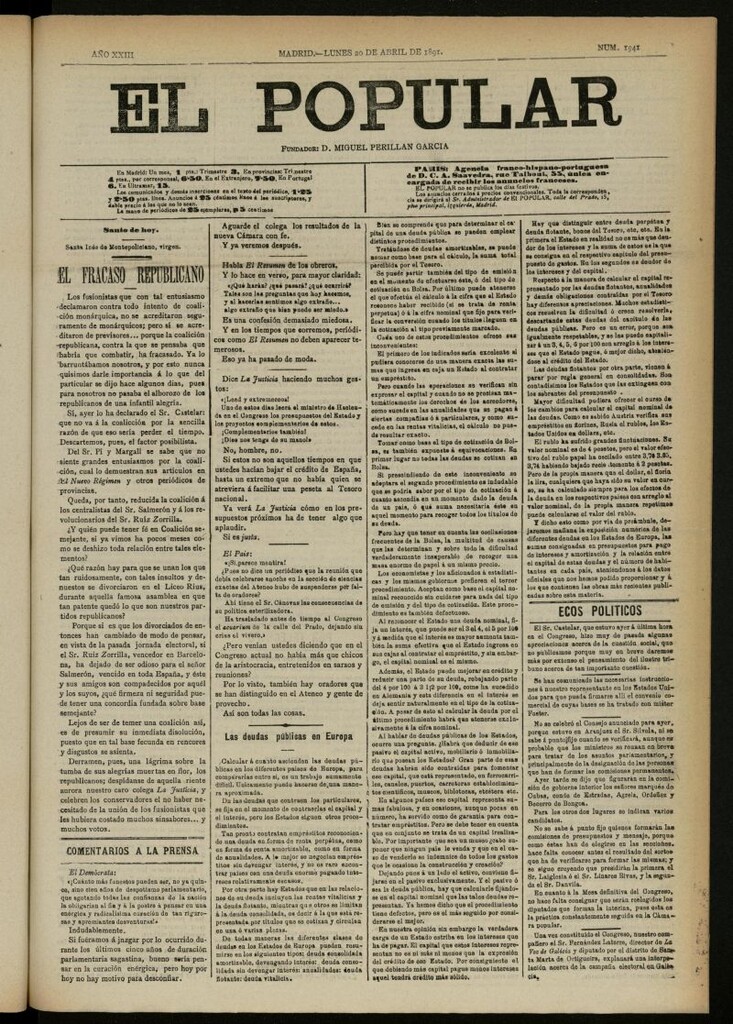 Miniatura de El Popular: diario independiente, político, literario y de noticias de interés general del 20 de abril de 1891, nº 1941[sic]