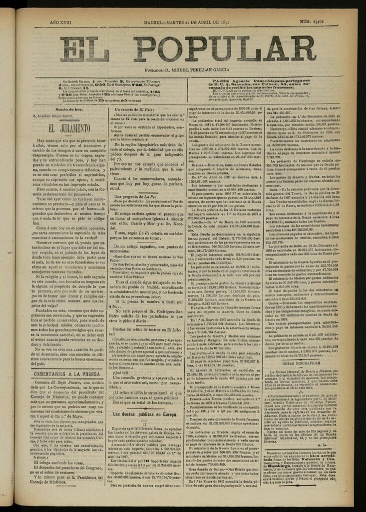 Miniatura de El Popular: diario independiente, político, literario y de noticias de interés general del 21 de abril de 1891, nº 19402 [sic]
