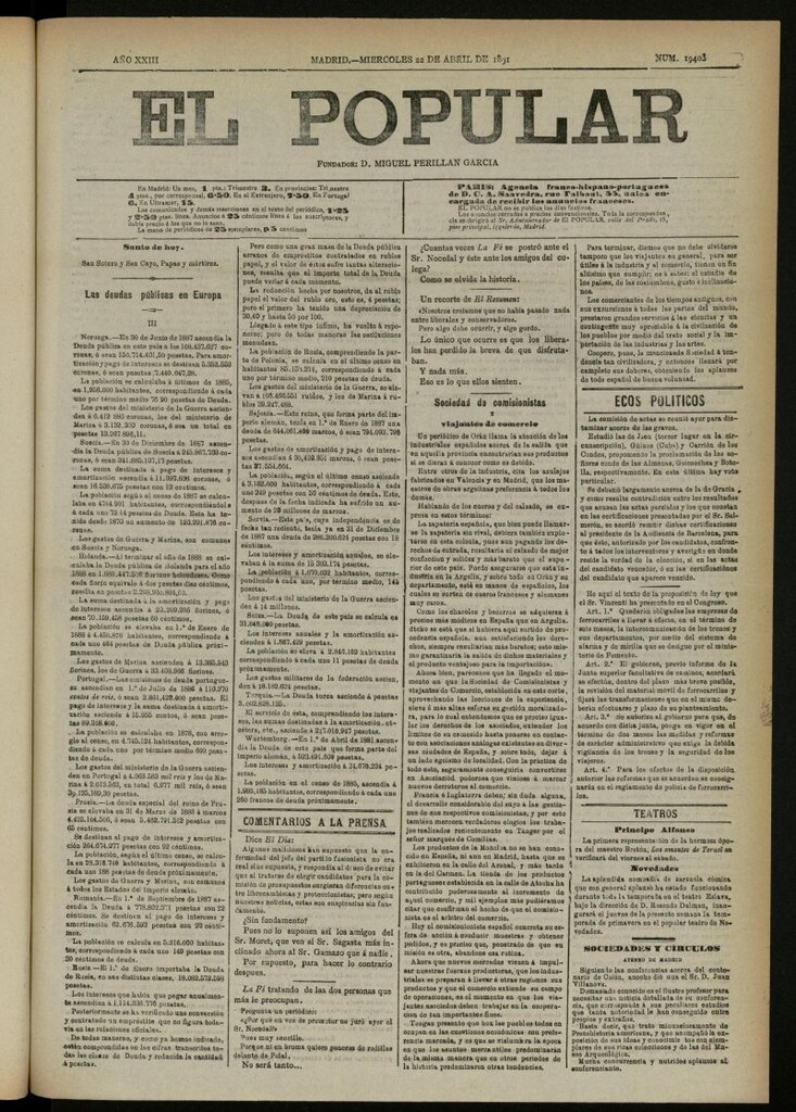 Miniatura de El Popular: diario independiente, político, literario y de noticias de interés general del 22 de abril de 1891, nº 19403 [sic]