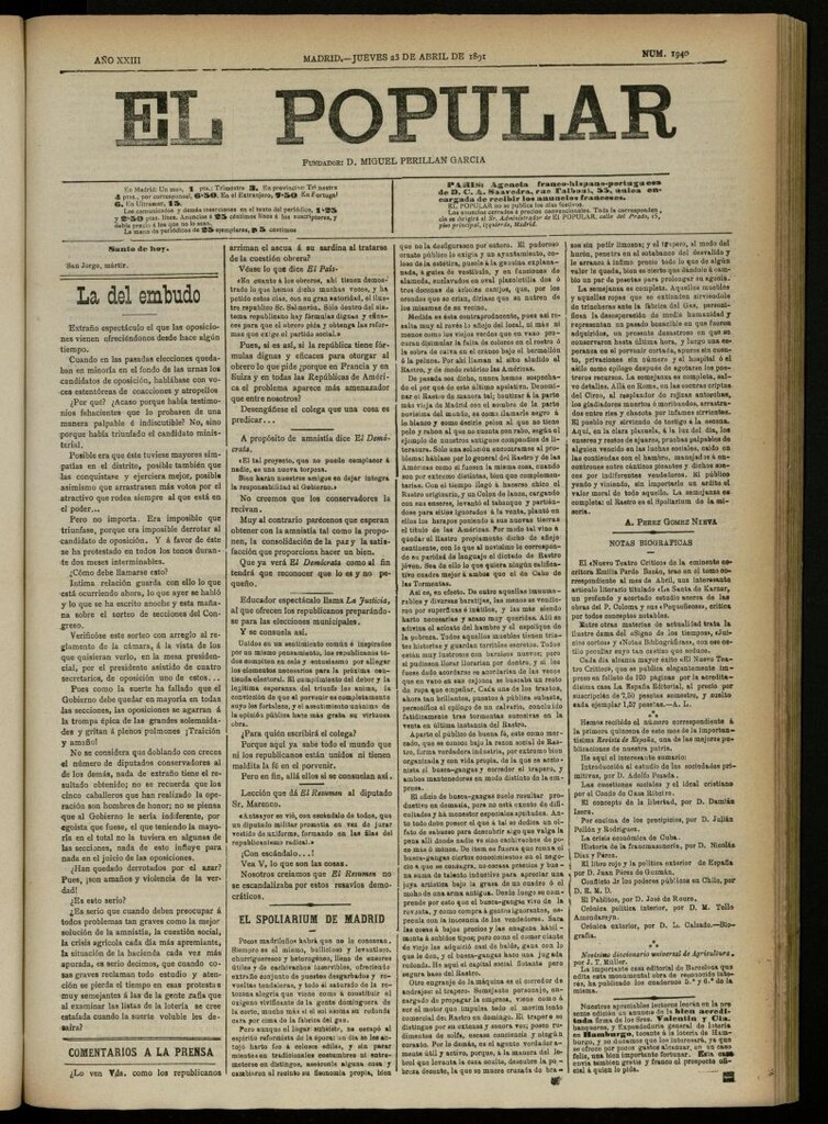 Miniatura de El Popular: diario independiente, político, literario y de noticias de interés general del 23 de abril de 1891, nº 1940 [sic]