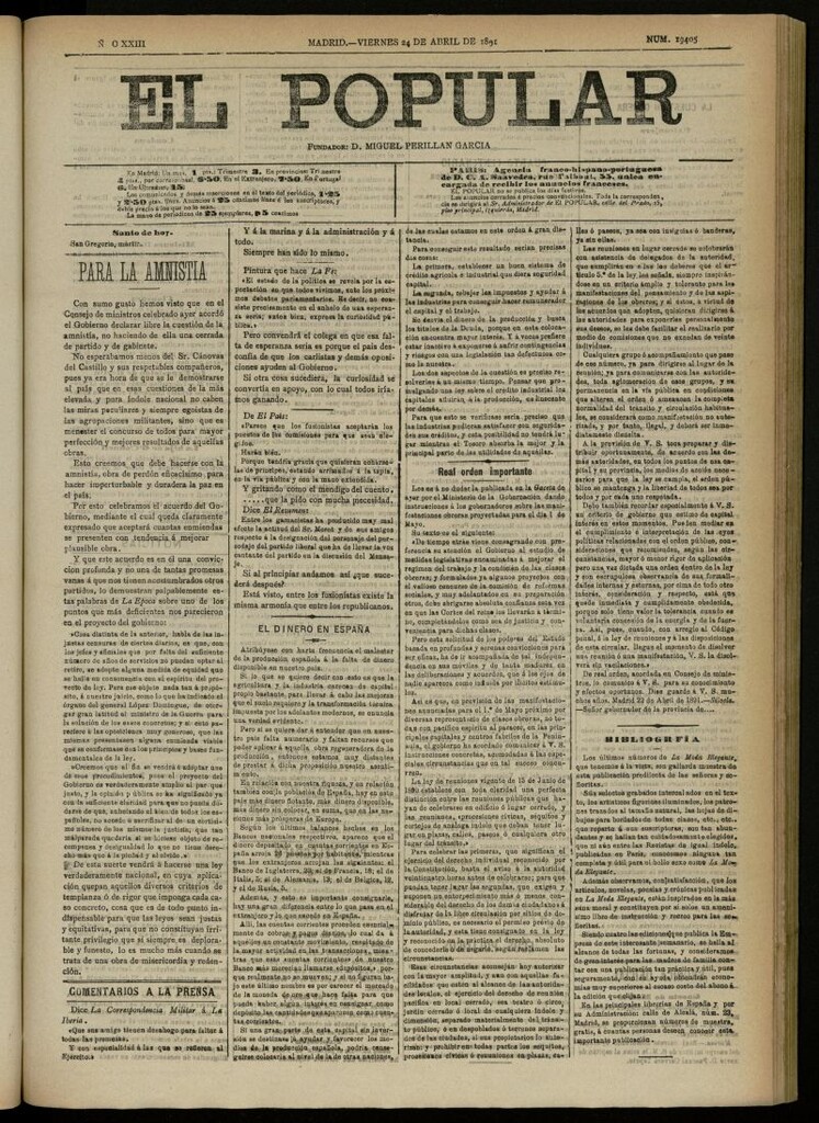 Miniatura de El Popular: diario independiente, político, literario y de noticias de interés general del 24 de abril de 1891, nº 19405 [sic]