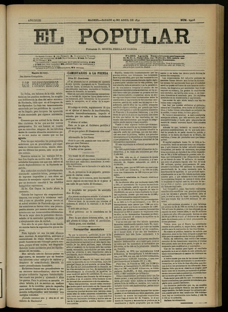 Miniatura de El Popular: diario independiente, político, literario y de noticias de interés general del 25 de abril de 1891, nº 19406 [sic]