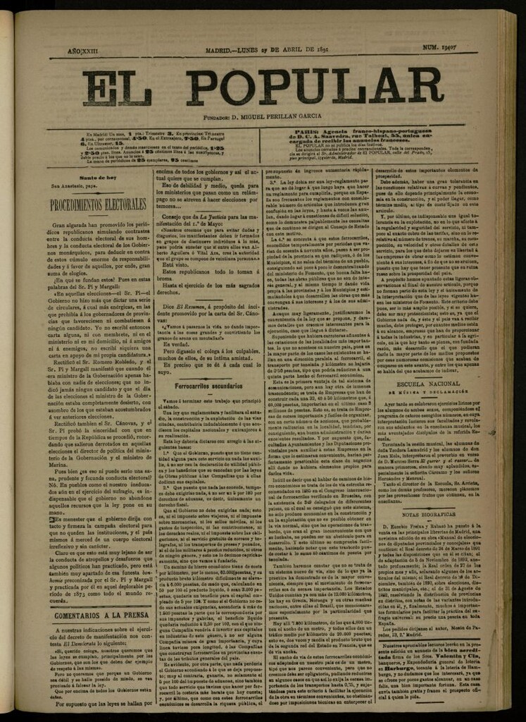 Miniatura de El Popular: diario independiente, político, literario y de noticias de interés general del 27 de abril de 1891, nº 9407 [sic]
