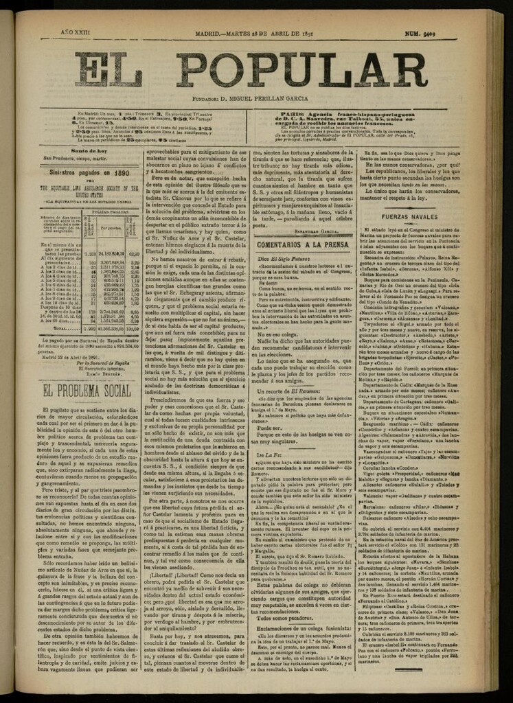 Miniatura de El Popular: diario independiente, político, literario y de noticias de interés general del 28 de abril de 1891, nº 9409
