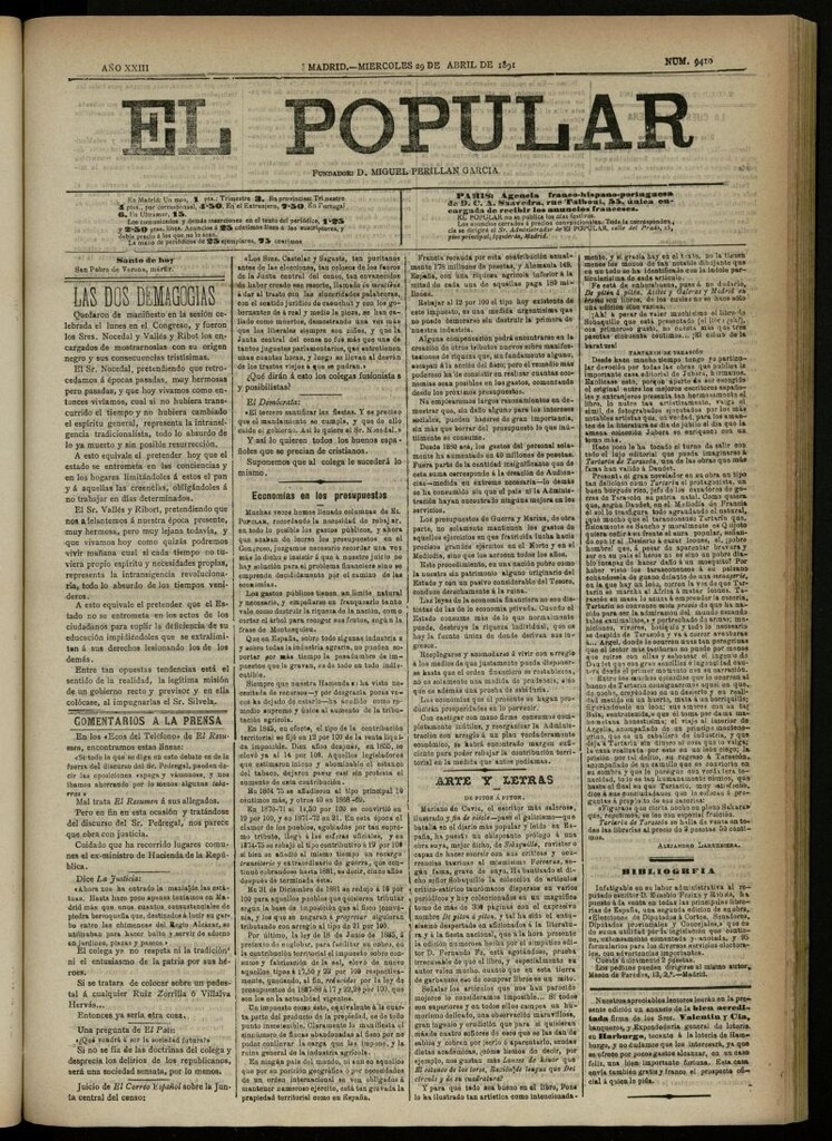 Miniatura de El Popular: diario independiente, político, literario y de noticias de interés general del 29 de abril de 1891, nº 9410