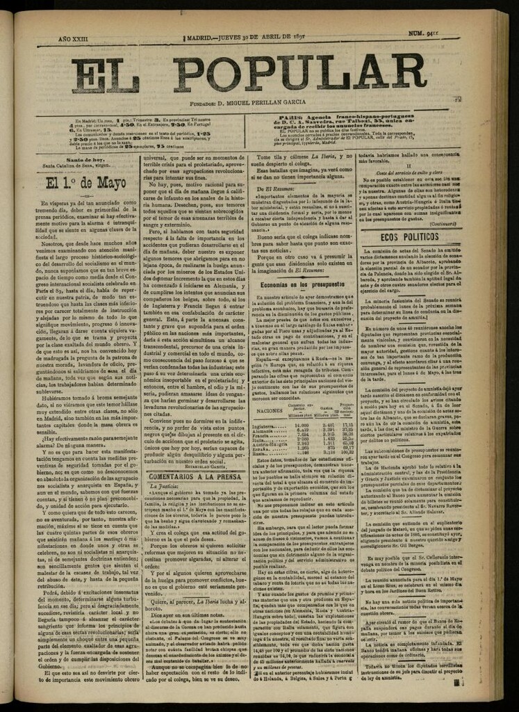 Miniatura de El Popular: diario independiente, político, literario y de noticias de interés general del 30 de abril de 1891, nº 9411