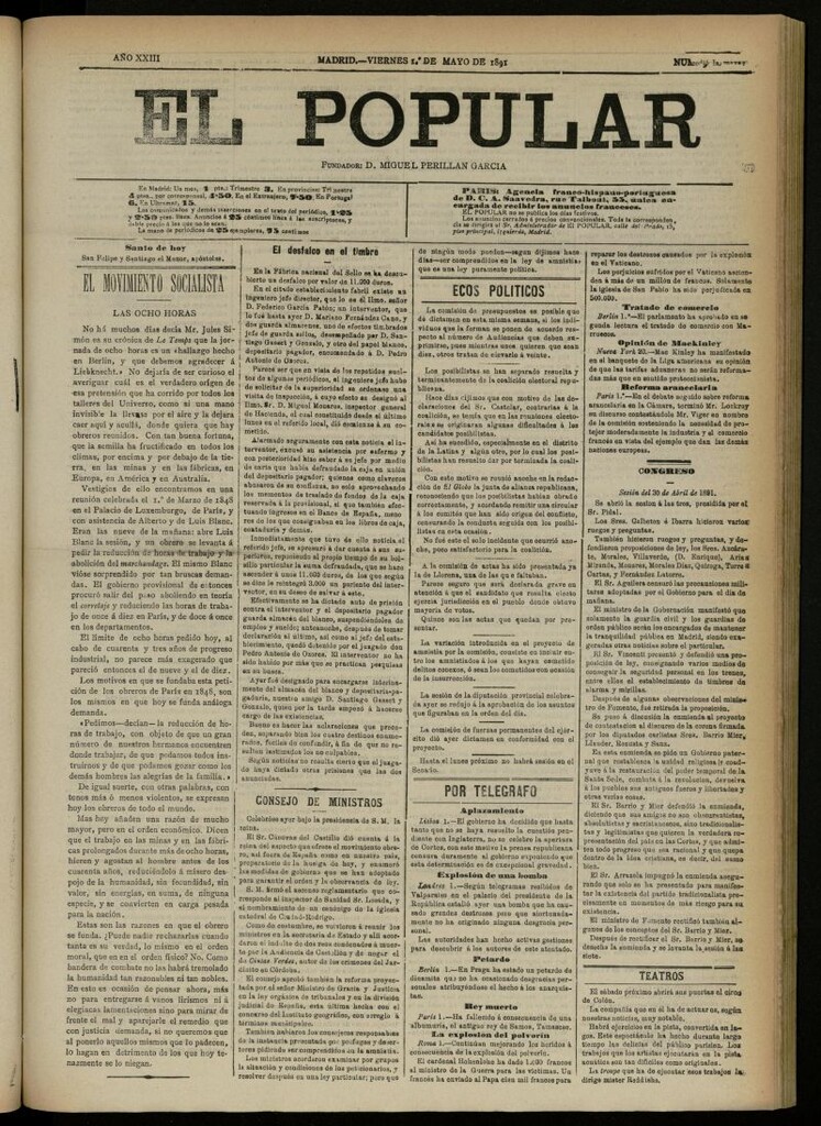 Miniatura de El Popular: diario independiente, político, literario y de noticias de interés general del 1 de mayo de 1891, nº 9412