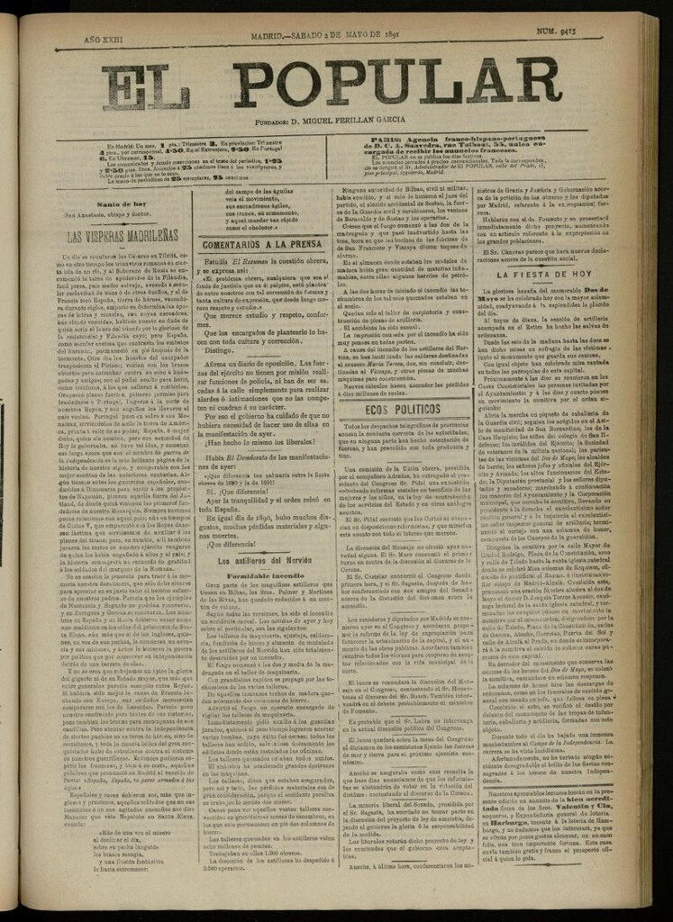 Miniatura de El Popular: diario independiente, político, literario y de noticias de interés general del 2 de mayo de 1891, nº 9413