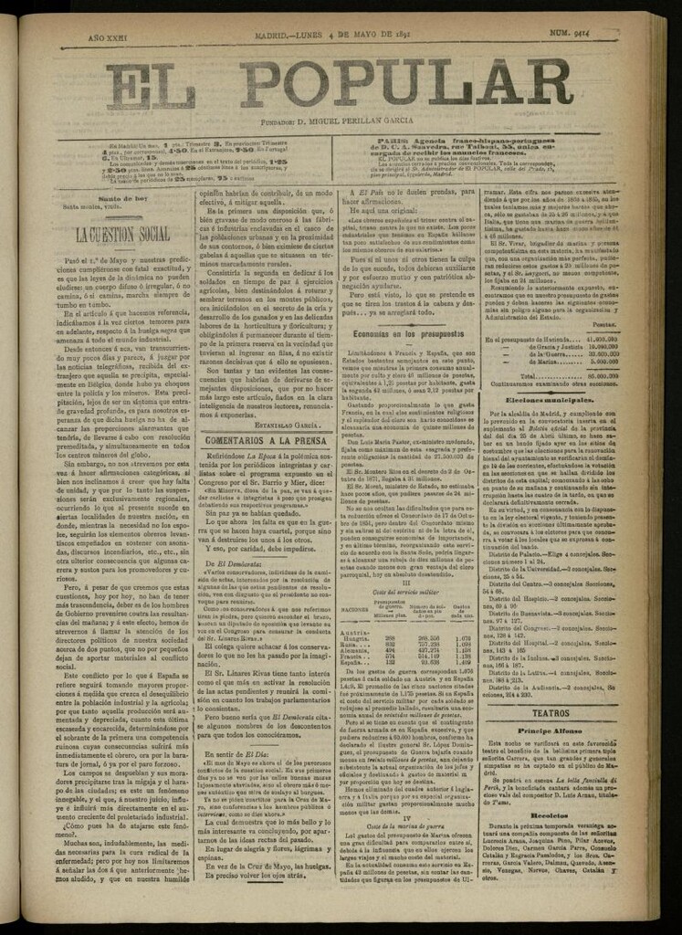 Miniatura de El Popular: diario independiente, político, literario y de noticias de interés general del 4 de mayo de 1891, nº 9414