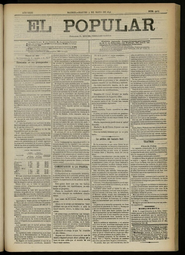 Miniatura de El Popular: diario independiente, político, literario y de noticias de interés general del 5 de mayo de 1891, nº 9415
