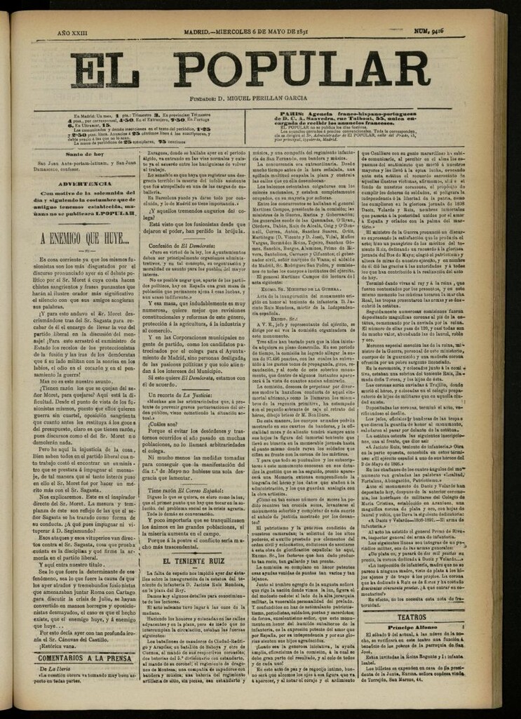 Miniatura de El Popular: diario independiente, político, literario y de noticias de interés general del 6 de mayo de 1891, nº 9416