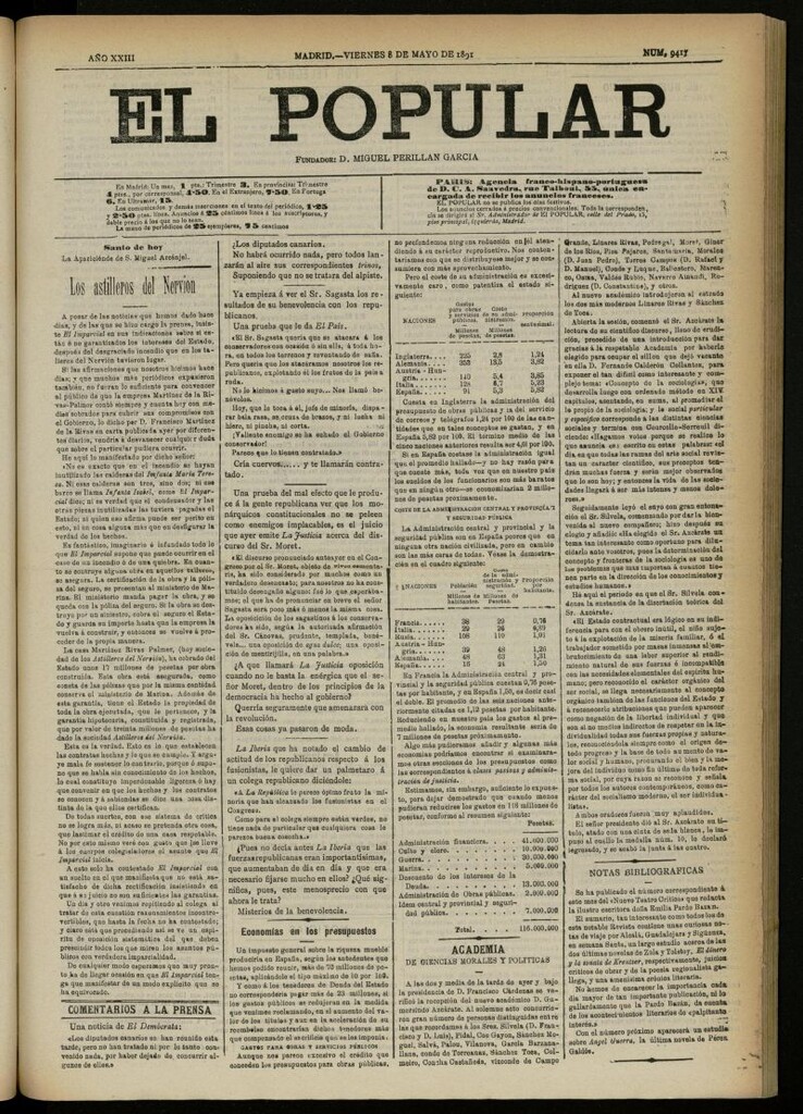 Miniatura de El Popular: diario independiente, político, literario y de noticias de interés general del 8 de mayo de 1891, nº 9417