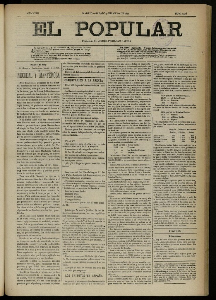 Miniatura de El Popular: diario independiente, político, literario y de noticias de interés general del 9 de mayo de 1891, nº 9418