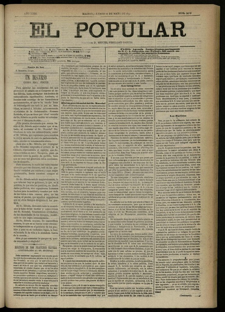 Miniatura de El Popular: diario independiente, político, literario y de noticias de interés general del 11 de mayo de 1891, nº 9419