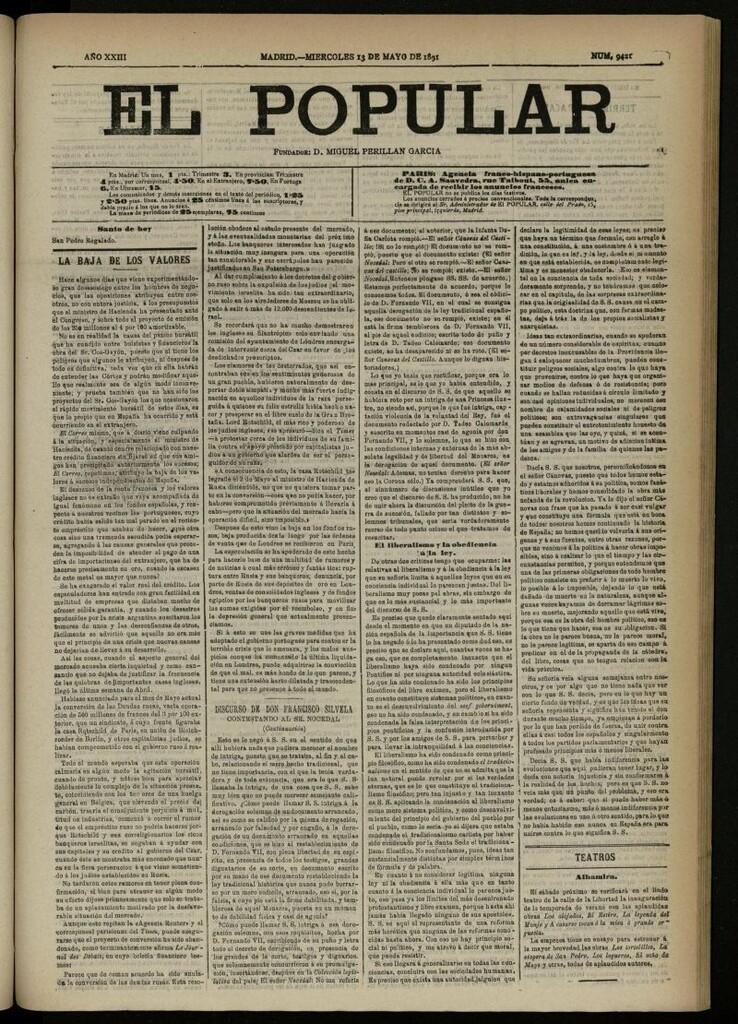 Miniatura de El Popular: diario independiente, político, literario y de noticias de interés general del 13 de mayo de 1891, nº 9421
