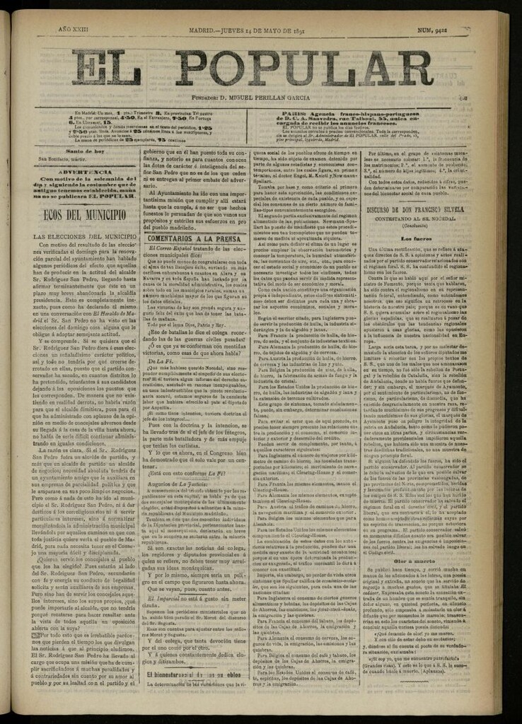 Miniatura de El Popular: diario independiente, político, literario y de noticias de interés general del 14 de mayo de 1891, nº 9422