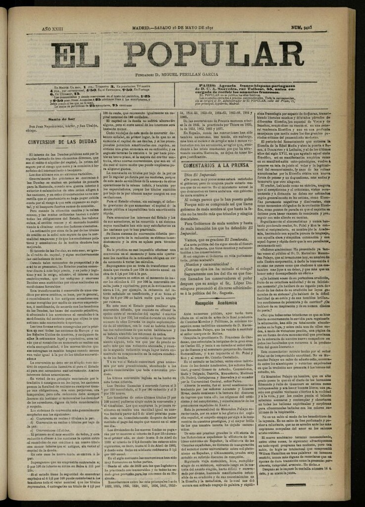 Miniatura de El Popular: diario independiente, político, literario y de noticias de interés general del 16 de mayo de 1891, nº 9423
