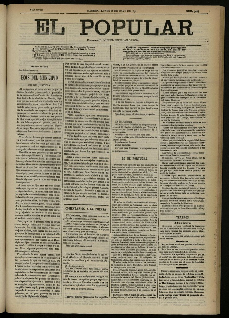 Miniatura de El Popular: diario independiente, político, literario y de noticias de interés general del 18 de mayo de 1891, nº 9424