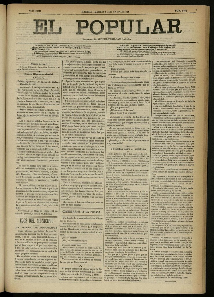 Miniatura de El Popular: diario independiente, político, literario y de noticias de interés general del 19 de mayo de 1891, nº 9425