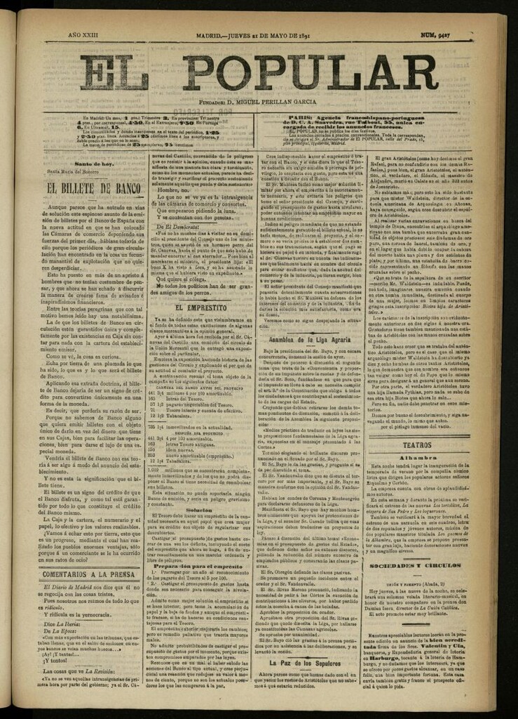 Miniatura de El Popular: diario independiente, político, literario y de noticias de interés general del 21 de mayo de 1891, nº 9427