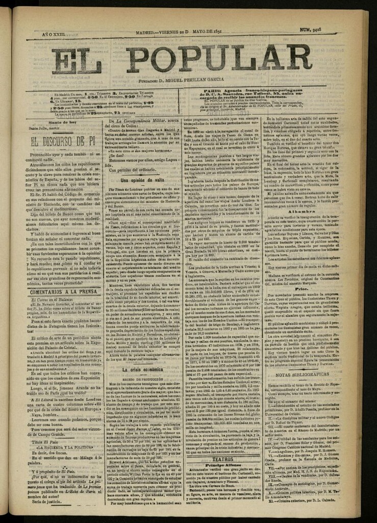 Miniatura de El Popular: diario independiente, político, literario y de noticias de interés general del 22 de mayo de 1891, nº 9428