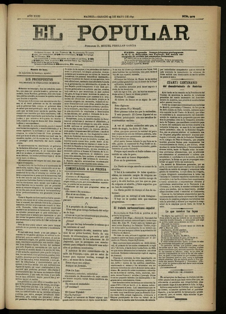 Miniatura de El Popular: diario independiente, político, literario y de noticias de interés general del 23 de mayo de 1891, nº 9429