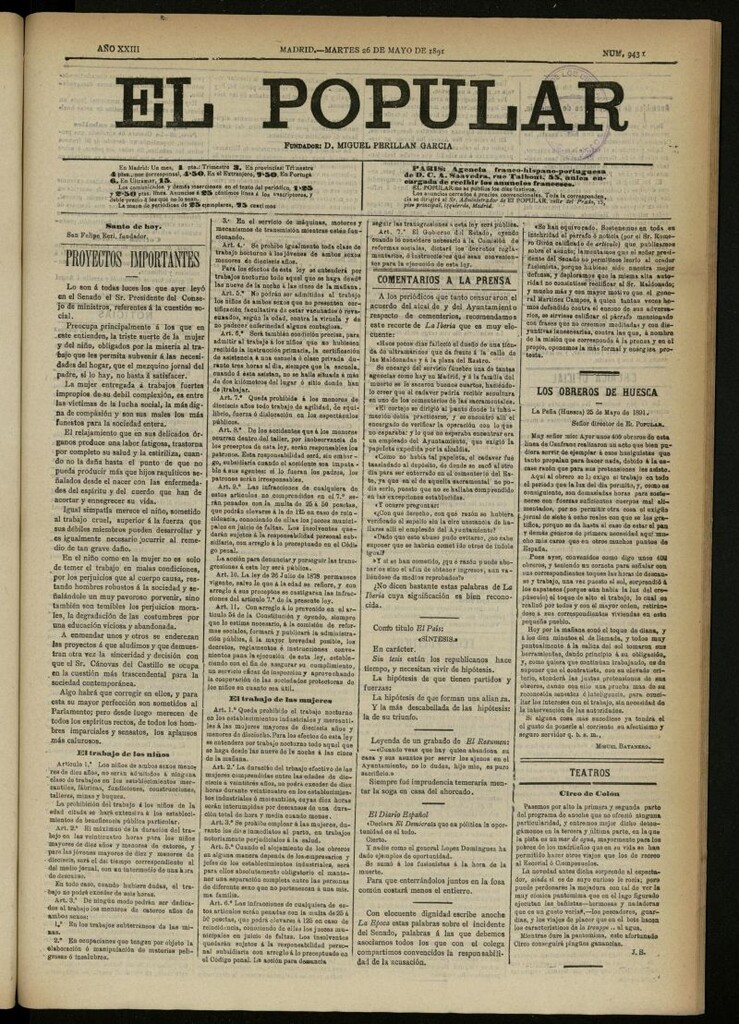 Miniatura de El Popular: diario independiente, político, literario y de noticias de interés general del 26 de mayo de 1891, nº 9431
