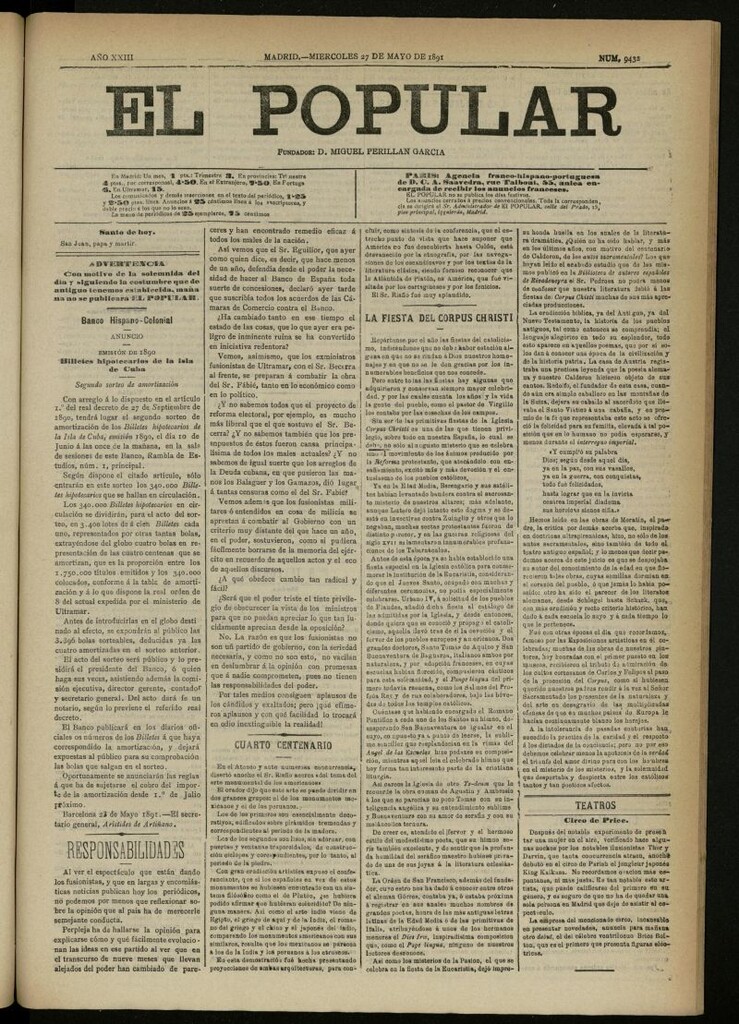 Miniatura de El Popular: diario independiente, político, literario y de noticias de interés general del 27 de mayo de 1891, nº 9432