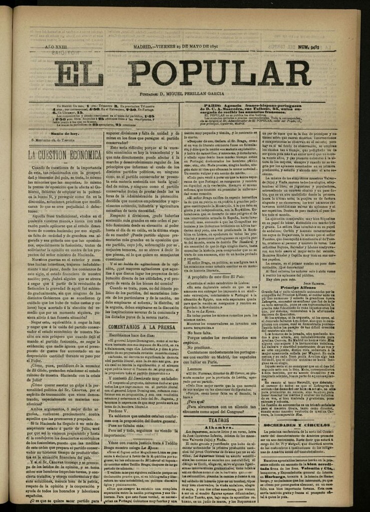 Miniatura de El Popular: diario independiente, político, literario y de noticias de interés general del 29 de mayo de 1891, nº 9433