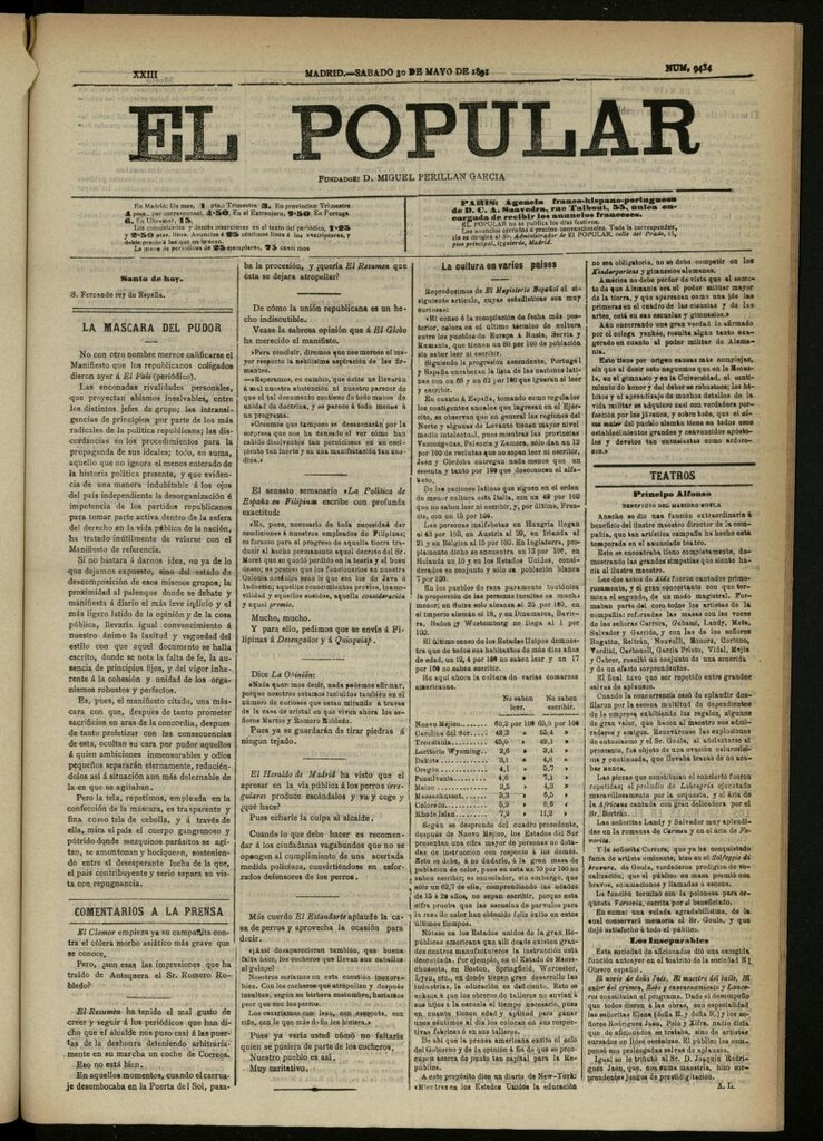 Miniatura de El Popular: diario independiente, político, literario y de noticias de interés general del 30 de mayo de 1891, nº 9434